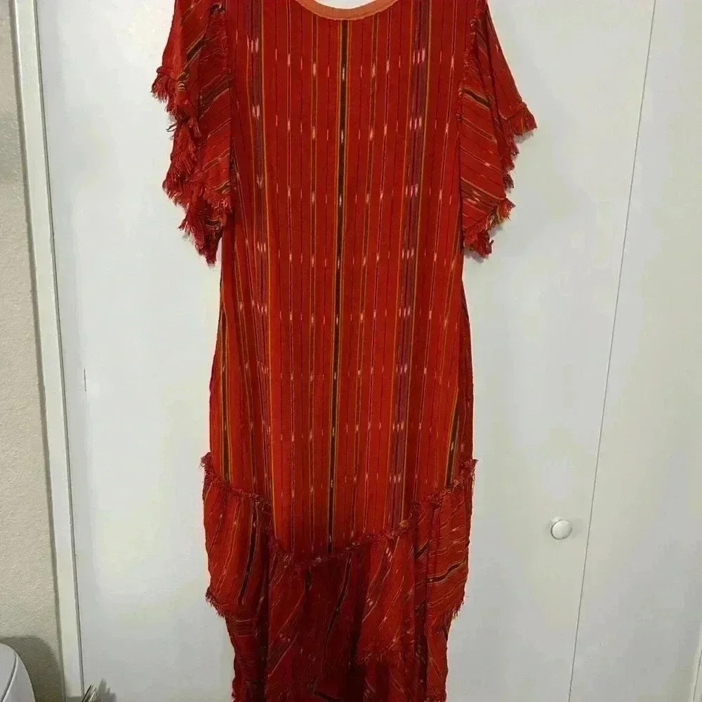 Free people women’s orange, red short sleeve BoHo maxi dress - Picture 6 of 6